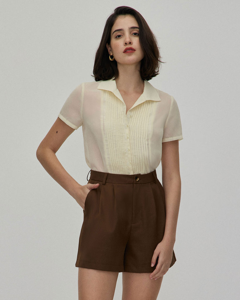 The Beige V Neck Pleated Chiffon Blouse