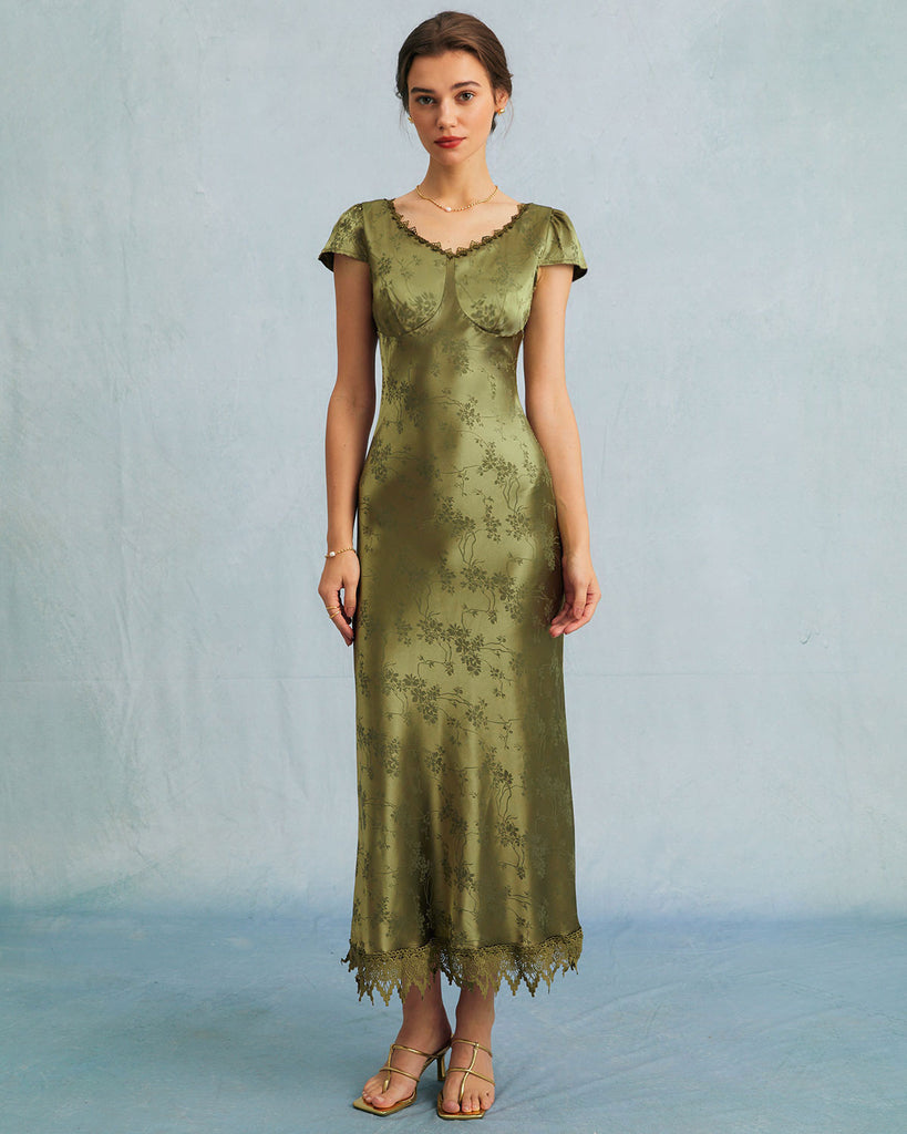 The Green Satin Jacquard Lace Midi Dress Dresses - RIHOAS