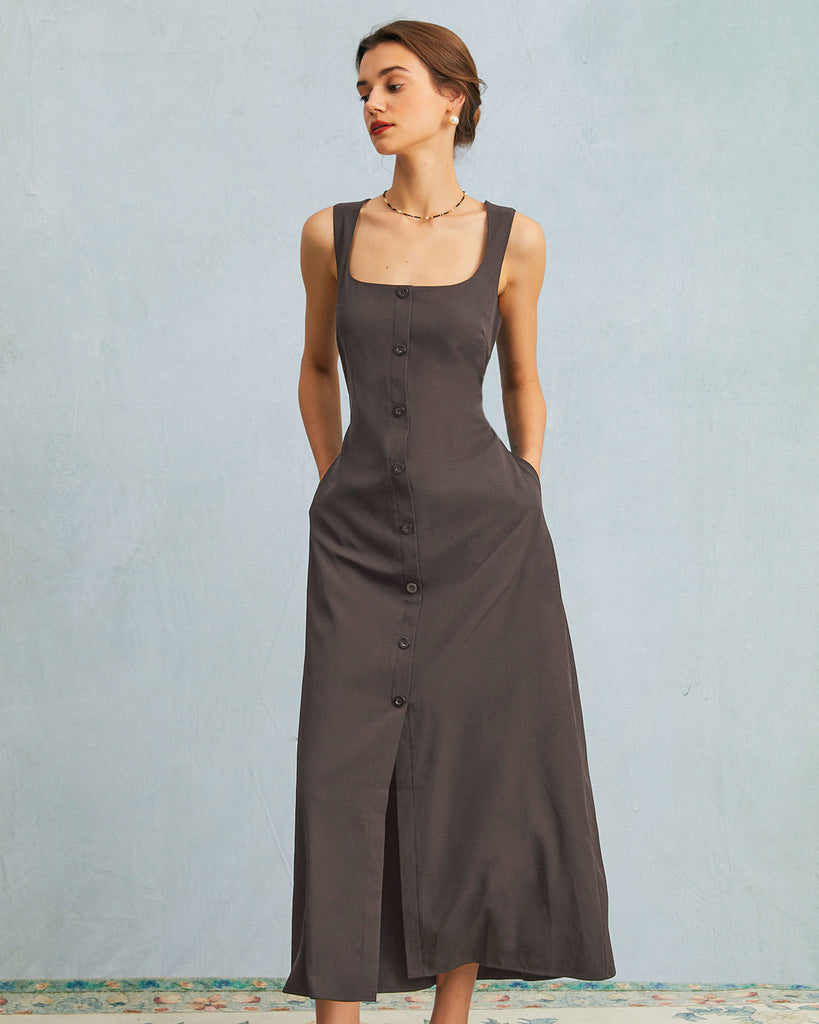 Grey U Neck Tie Back Sleeveless Maxi Dress