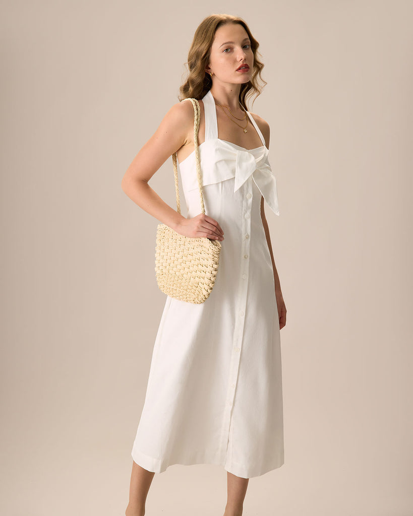 The White Sweetheart Neck Ruched Button Maxi Dress