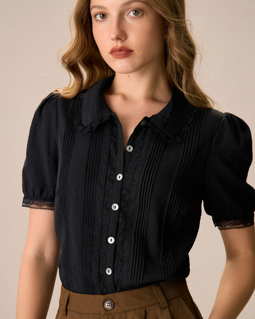 Women's Black Chelsea Collar Lace Trim Cotton Blouse