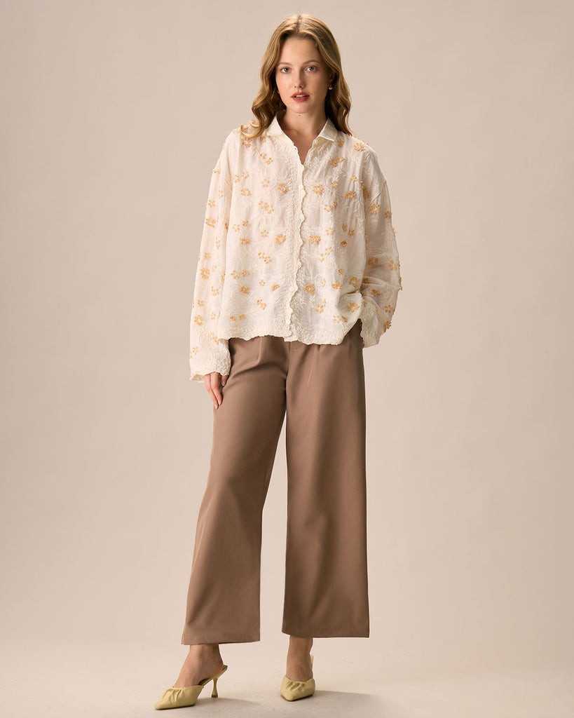 Women's Apricot Jacquard Cotton Long Sleeve Shirt