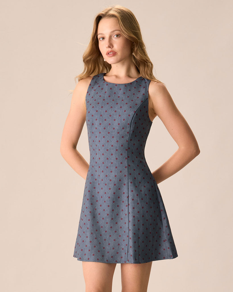 The Grey Round Neck Polka Dot Mini Dress