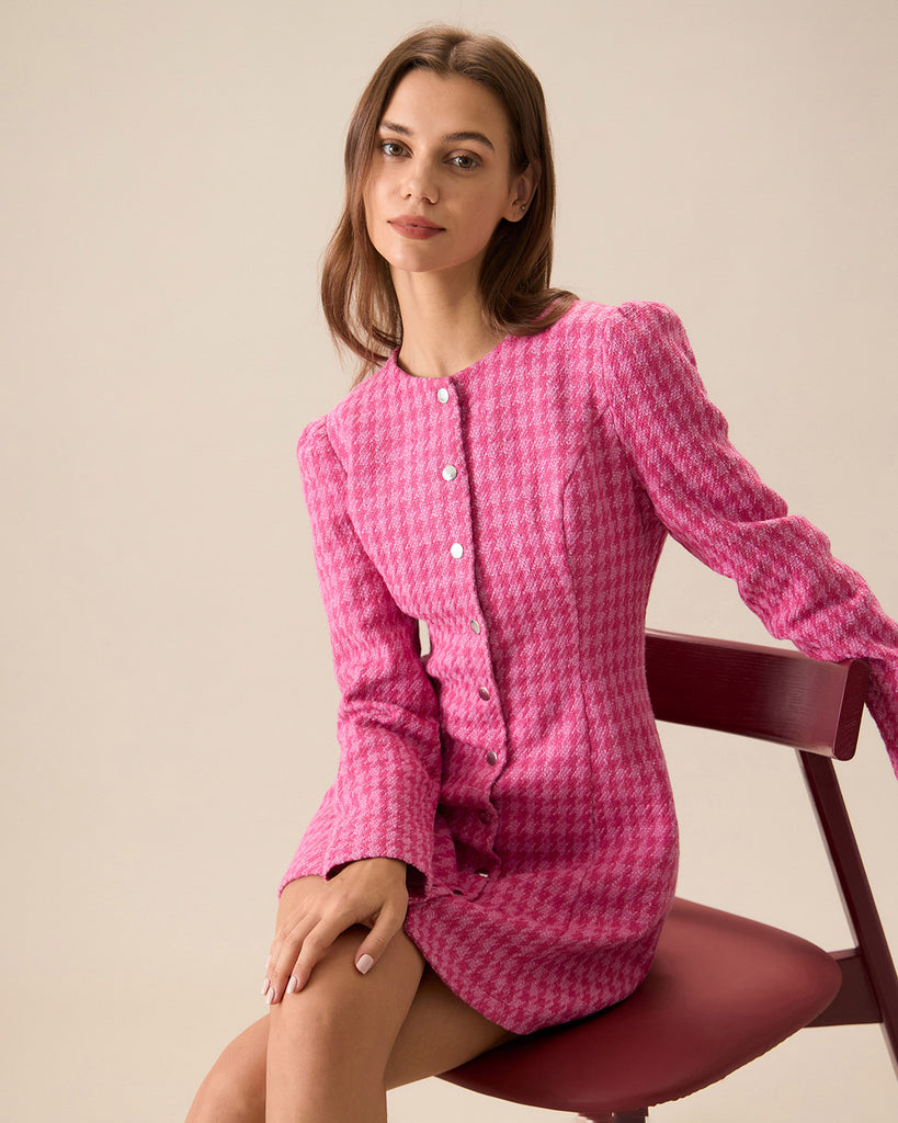 Women's Pink Single-breasted Tweed Mini Dress