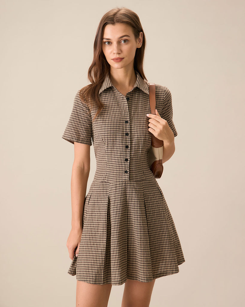 Women's Brown Plaid Lapel Pleated Mini Dress