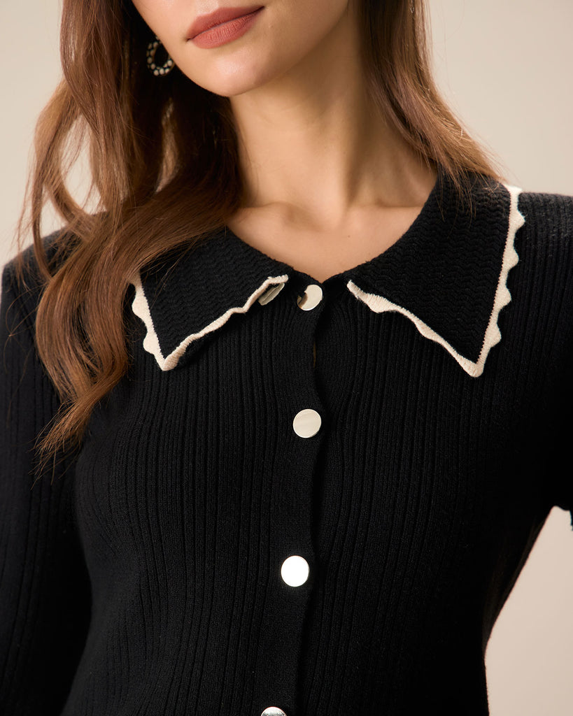 Women's Black Splicing Button Ribbed Cardigan