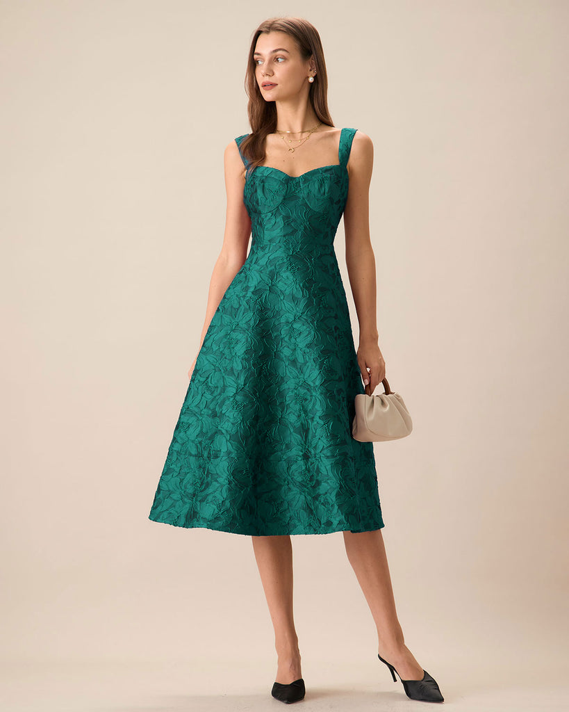 Green Sweetheart Neck Jacquard Midi Dress