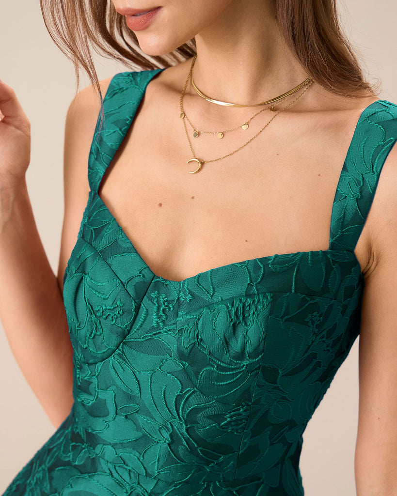 Green Sweetheart Neck Jacquard Midi Dress