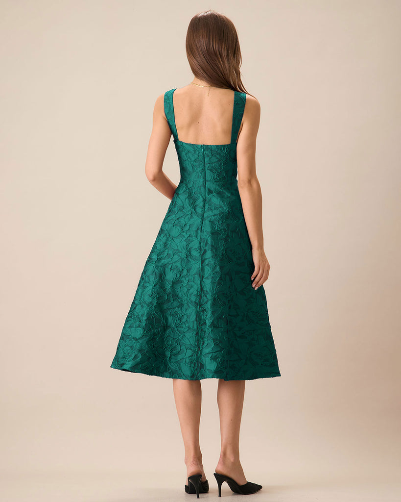 Green Sweetheart Neck Jacquard Midi Dress