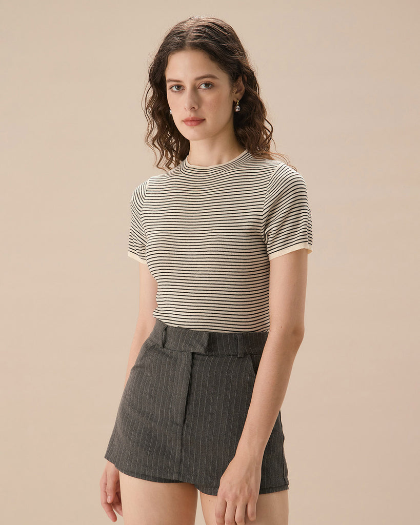 Women's Black Round Neck Striped Tee