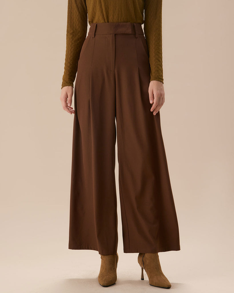 Brown High Waisted Pockets Straight Pants