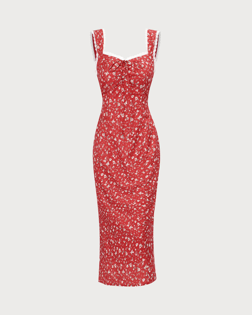 The Red Floral Lace Trim Midi Dress Dresses - RIHOAS