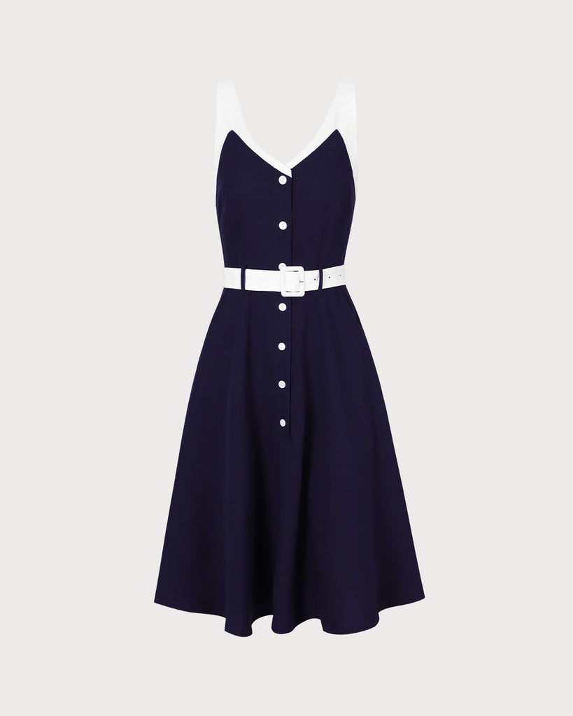 The Navy V Neck Colorblock Midi Dress Dresses - RIHOAS