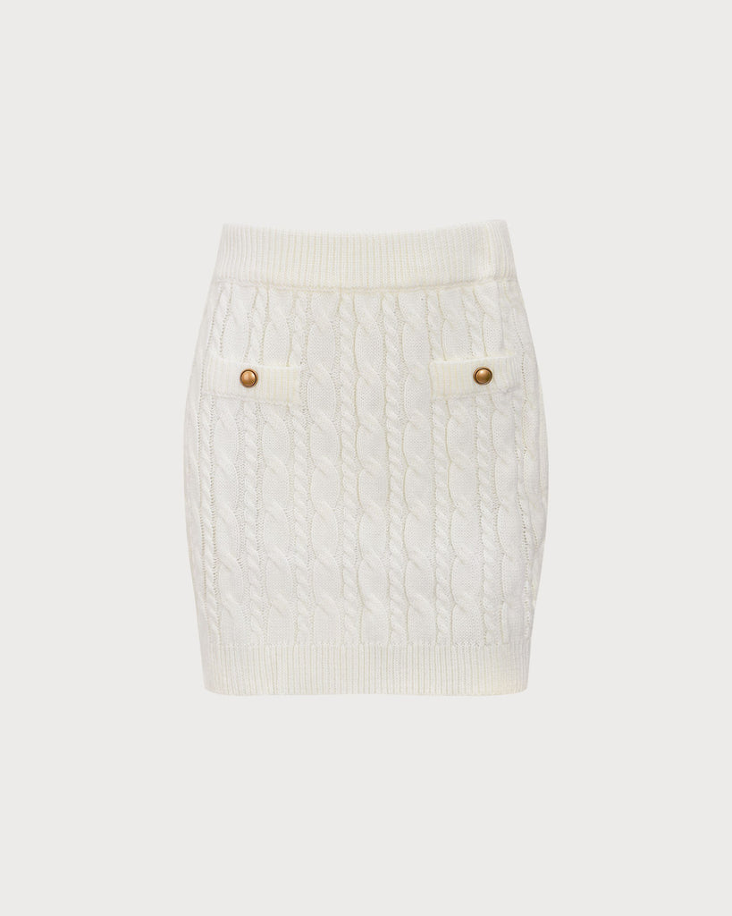 The White Elastic Waist Button Cable Mini Skirt