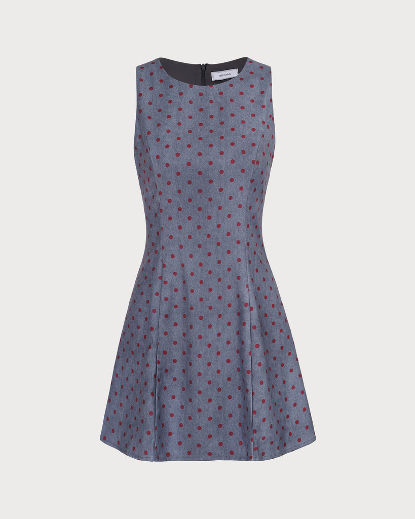 The Grey Round Neck Polka Dot Mini Dress Dresses - RIHOAS