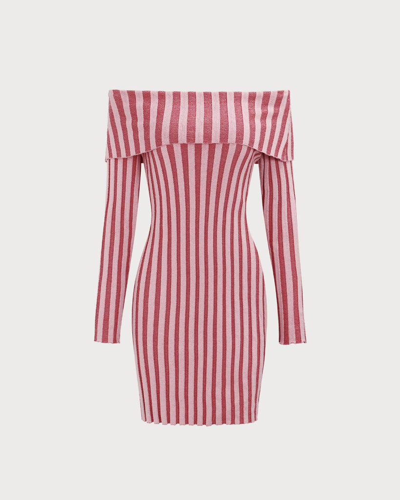 Pink Striped Off The Shoulder Bodycon Sweater Dress