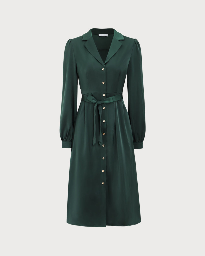 Green Satin Button Midi Dress