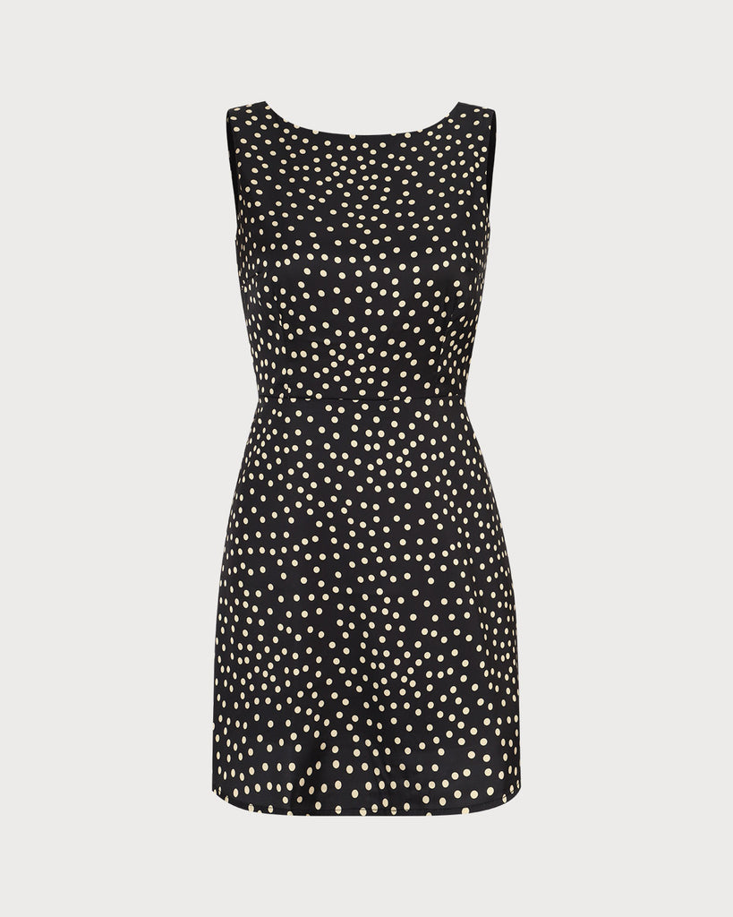 The Black Boat Neck Polka Dot Mini Dress Dresses - RIHOAS