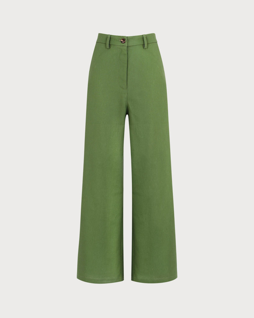 Women's Green High-Waisted Cotton Linen Wide-Leg Pants