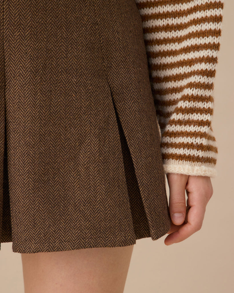 Brown Striped Pleated Mini Skirt