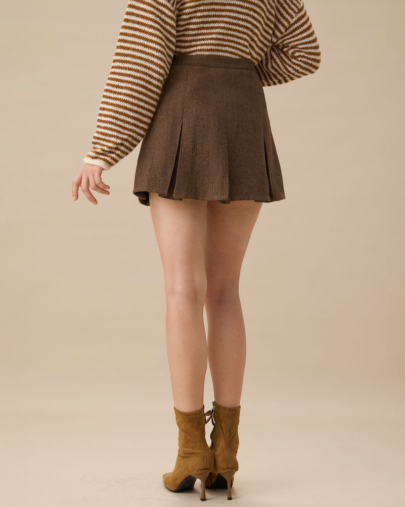 Brown Striped Pleated Mini Skirt