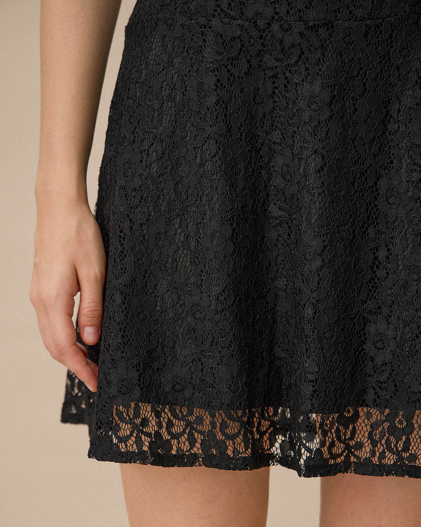 Black Lace Boat Neck Sleeveless Mini Dress