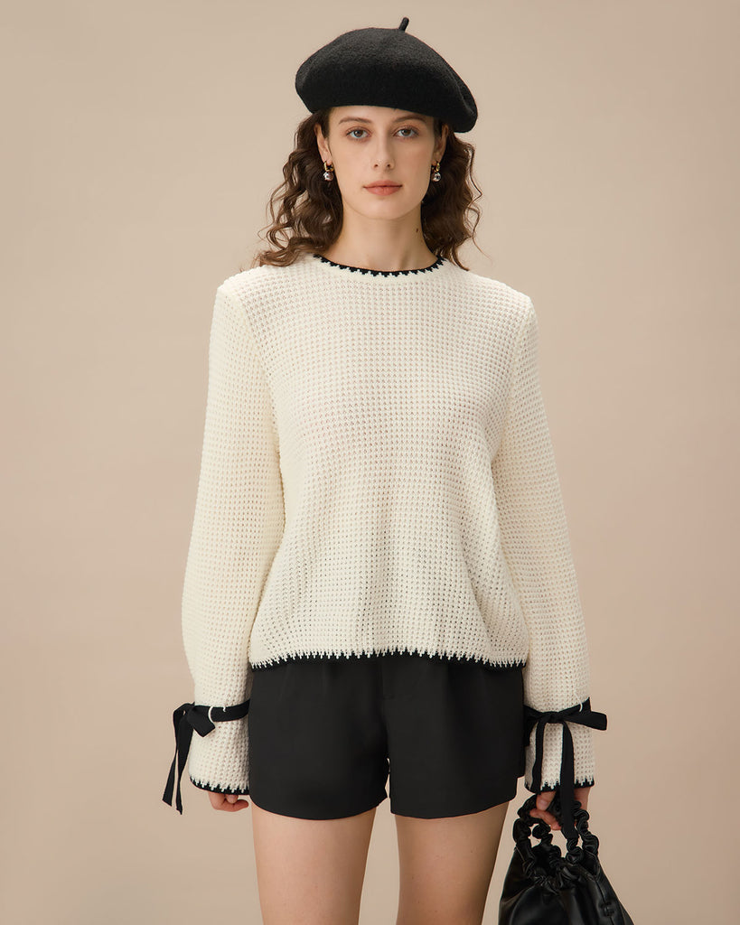 Beige Contrasting Bell Sleeve Sweater