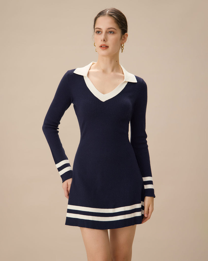 Navy Contrasting V Neck Striped Sweater Dress