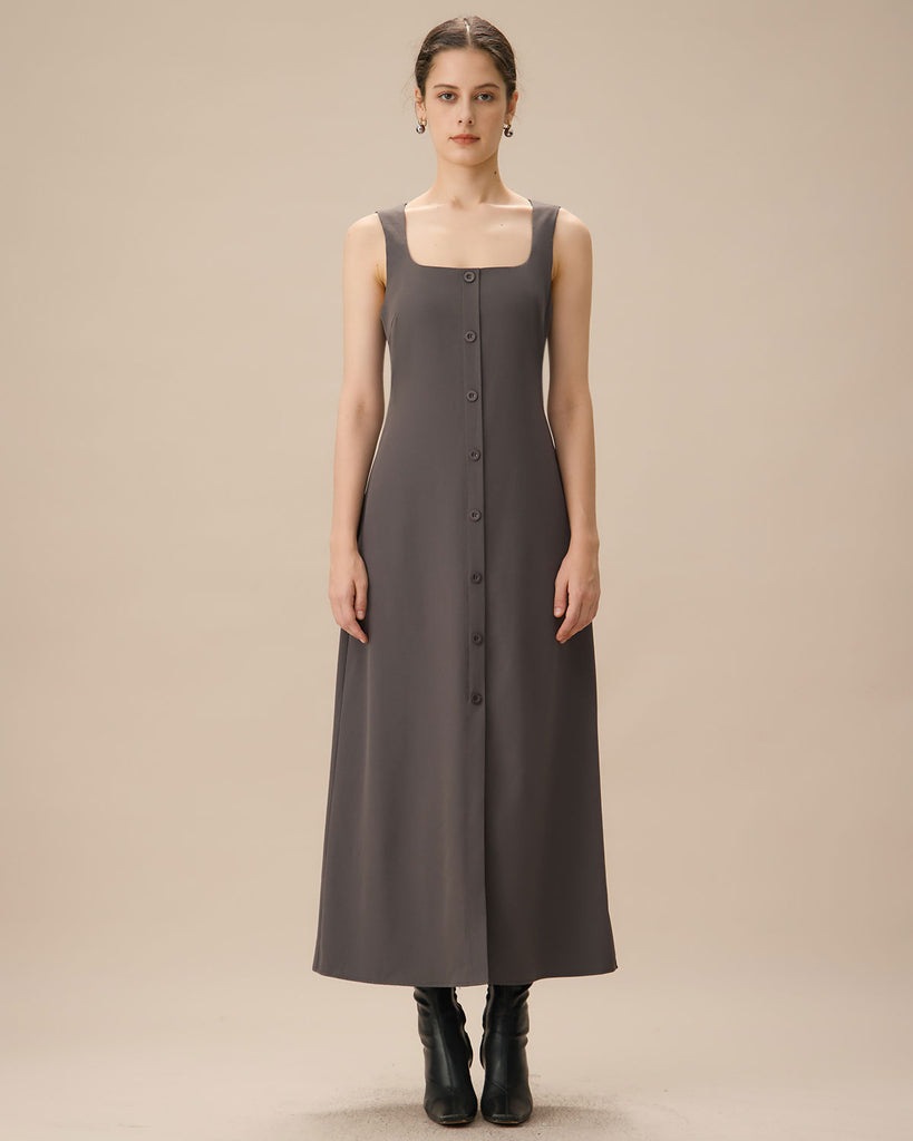 Grey U Neck Tie Back Sleeveless Maxi Dress