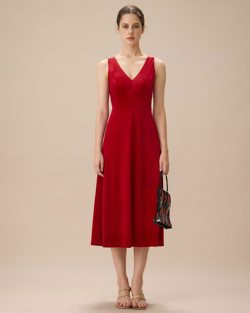 Red Velvet V Neck Backless Midi Dress