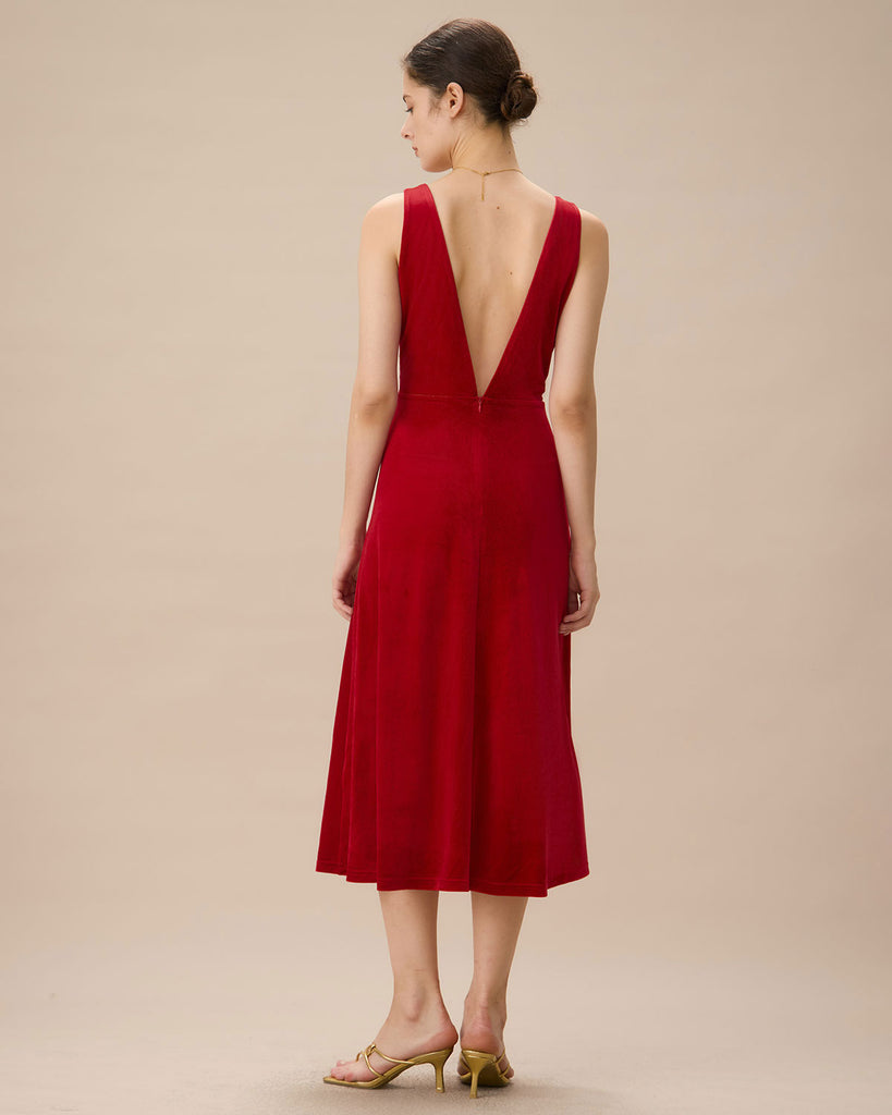 Red Velvet V Neck Backless Midi Dress