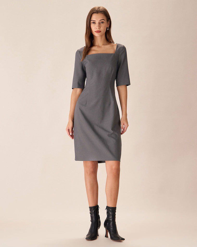 Grey Square Neck Slit Midi Dress