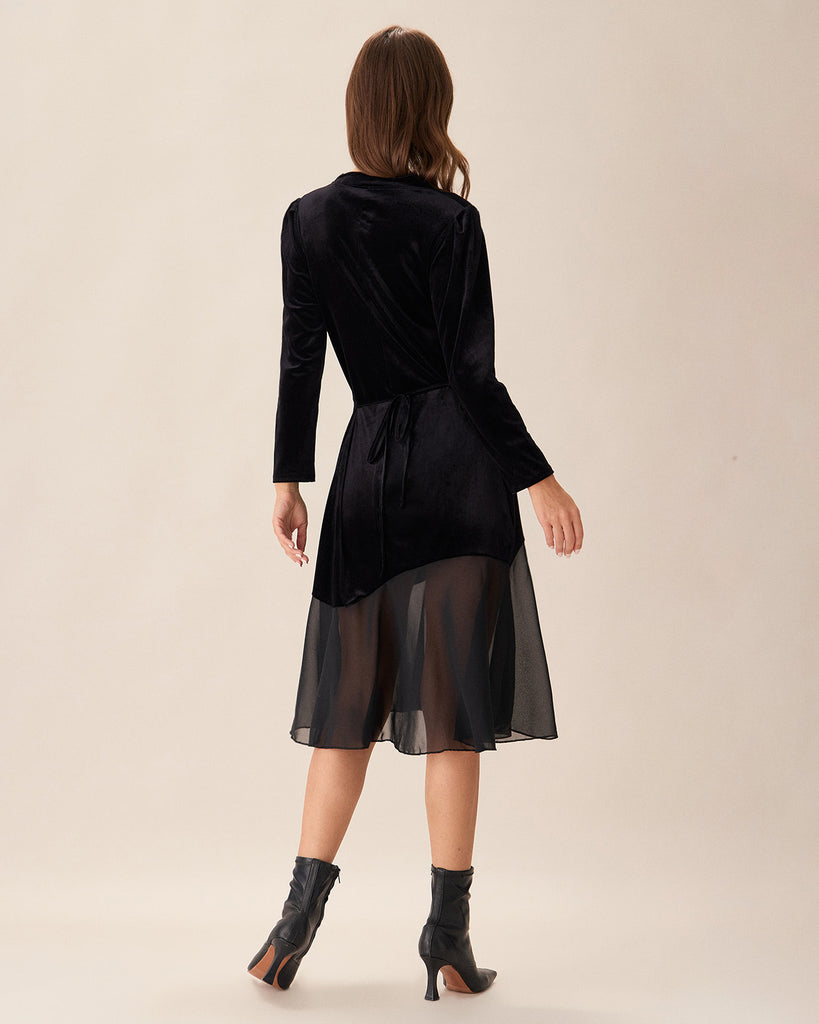 Black Contrasting Velvet Midi Dress