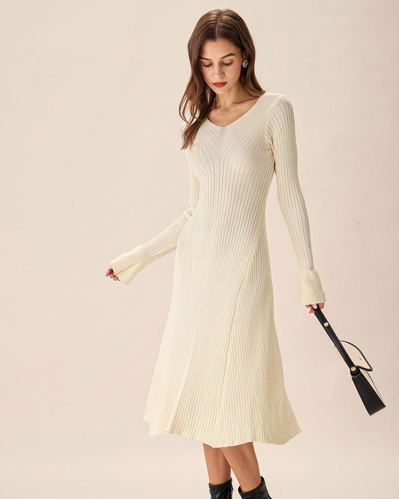 Apricot V-Neck Bell Sleeve Sweater Dress