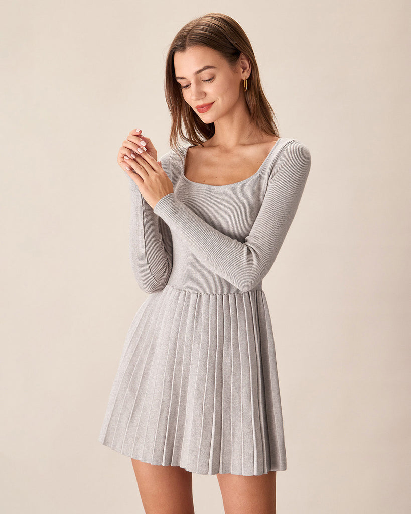 Apricot Square Neck Pleated Sweater Dress