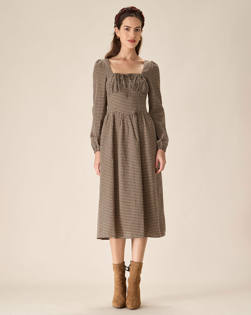 Brown Plaid Square Neck Ruched Midi Dress