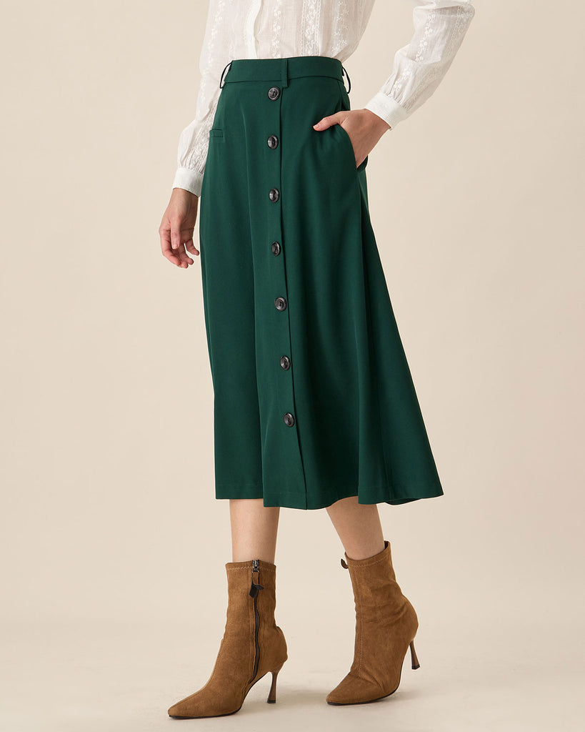 Green High-waisted Button Midi Skirt