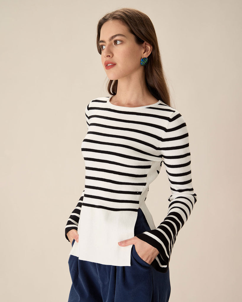 White Striped Boat Neck Sweater