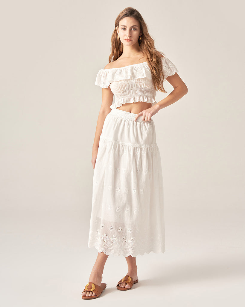 White Embroidery A-Line Midi Skirt