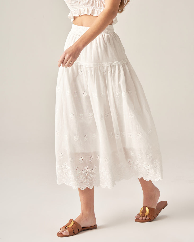 White Embroidery A-Line Midi Skirt