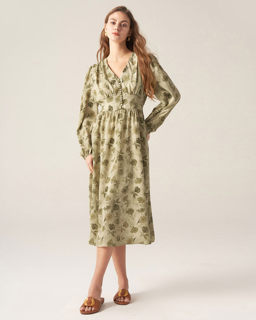 Green Floral Lantern Sleeve Midi Dress