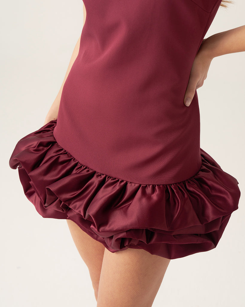 Wine Red Boat Neck Satin Mini Dress