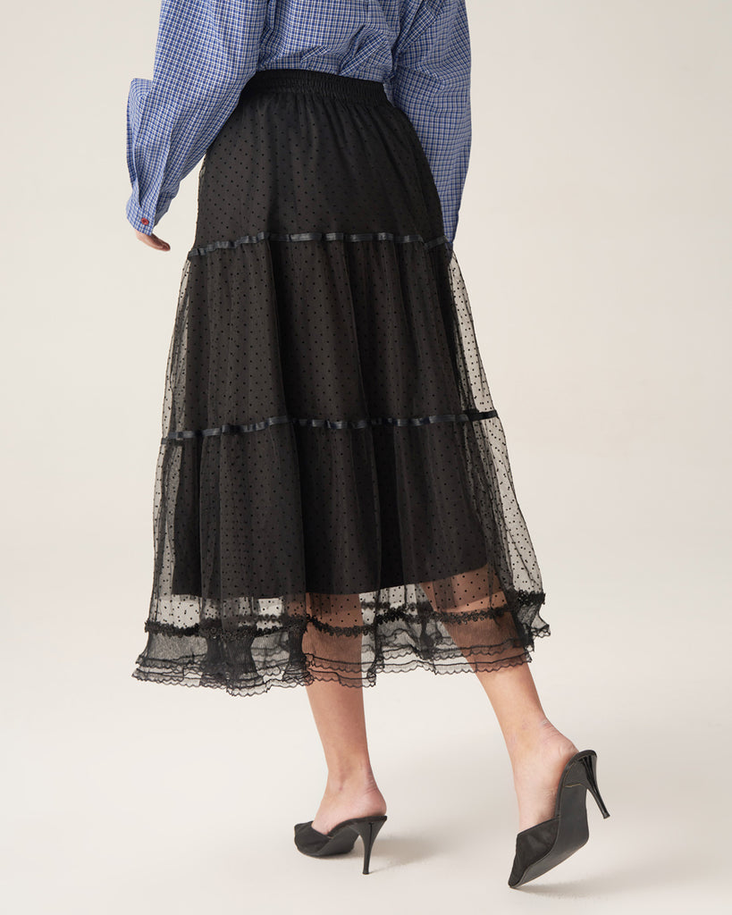 Black Mesh Tiered Midi Skirt