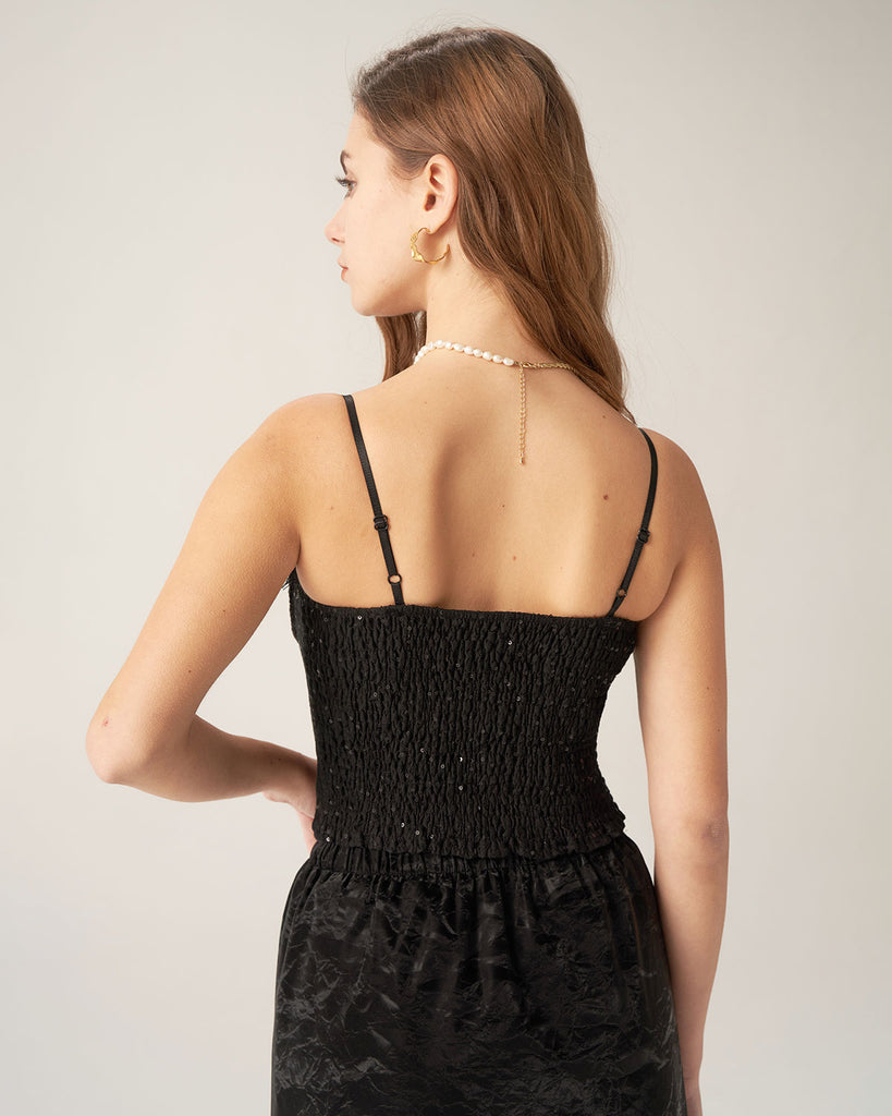 Black Lace Sequin Sweetheart Neck Camis