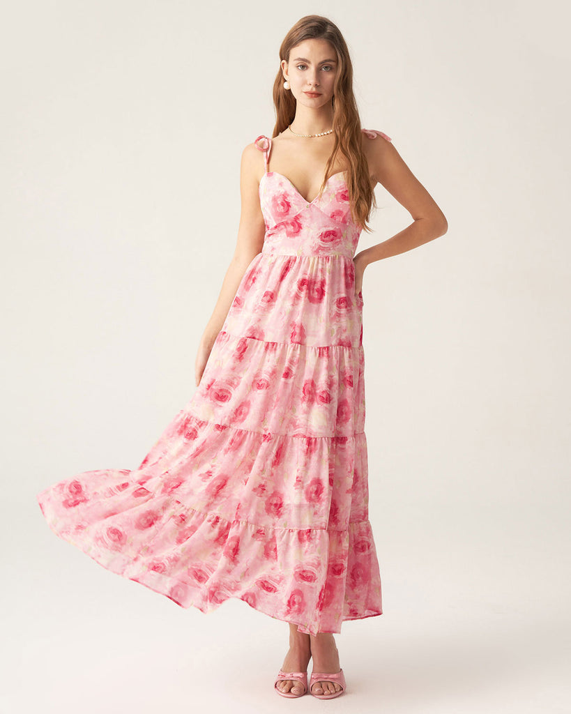 Pink Floral Tie Strap Midi Dress