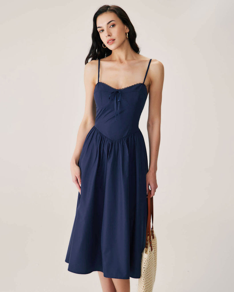 Navy Shirred Slip Midi Dress