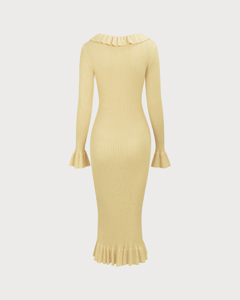 Yellow U-Neck Ruffle Bodycon Sweater Dress