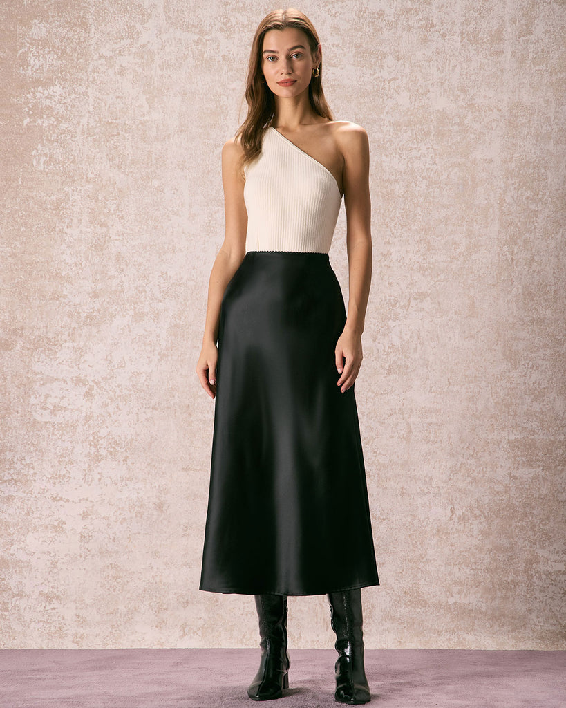 The Lace-Trim Satin Midi Skirt Bottoms - RIHOAS