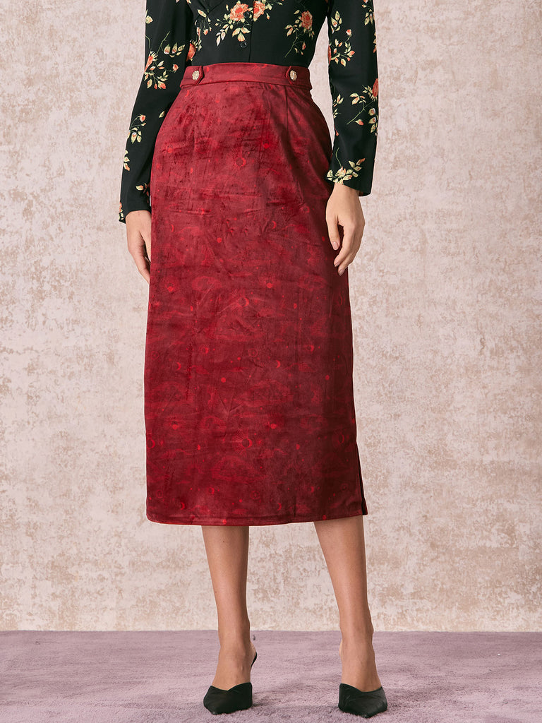 The Wine Red Split Hem Velvet Midi Skirt Wine Red Bottoms - RIHOAS