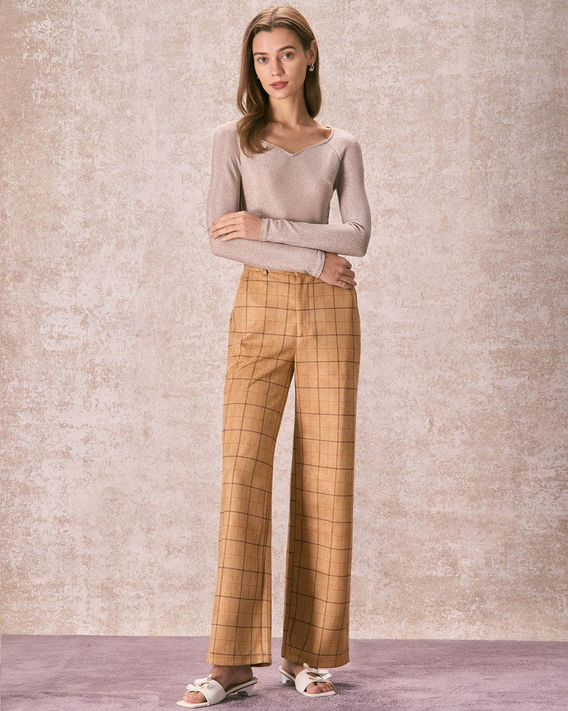 The Khaki Plaid Wide Leg Pants Bottoms - RIHOAS